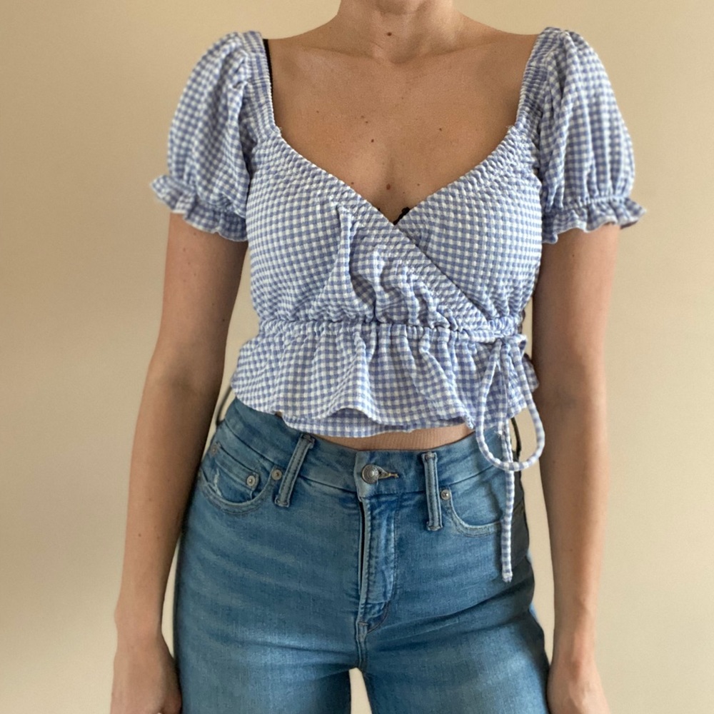 Blue & white gingham wrap blouse